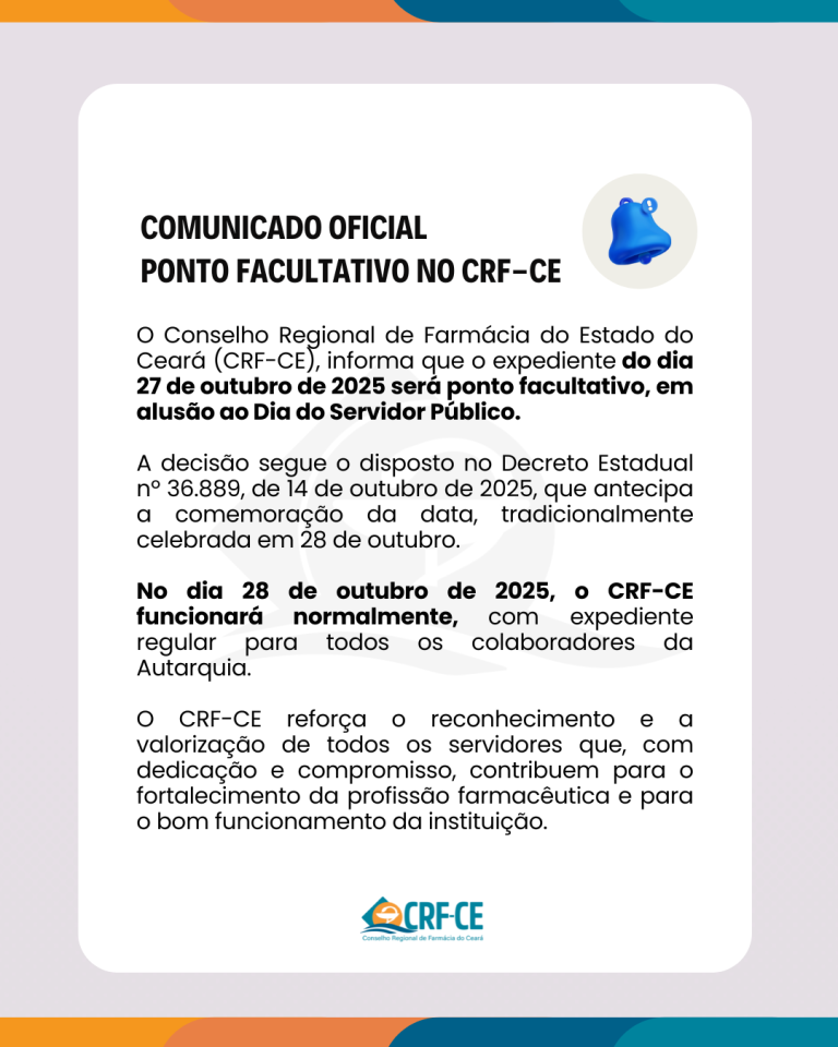 COMUNICADO OFICIAL – PONTO FACULTATIVO NO CRF-CE: Expediente do dia 27 ...