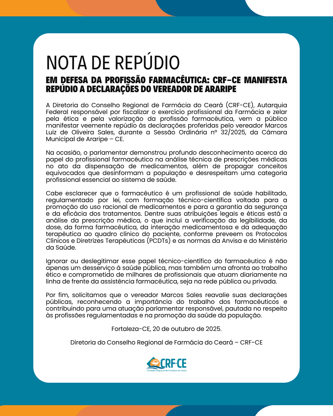 NOTA DE REPÚDIO – Em defesa da profissão farmacêutica: CRF-CE manifesta ...