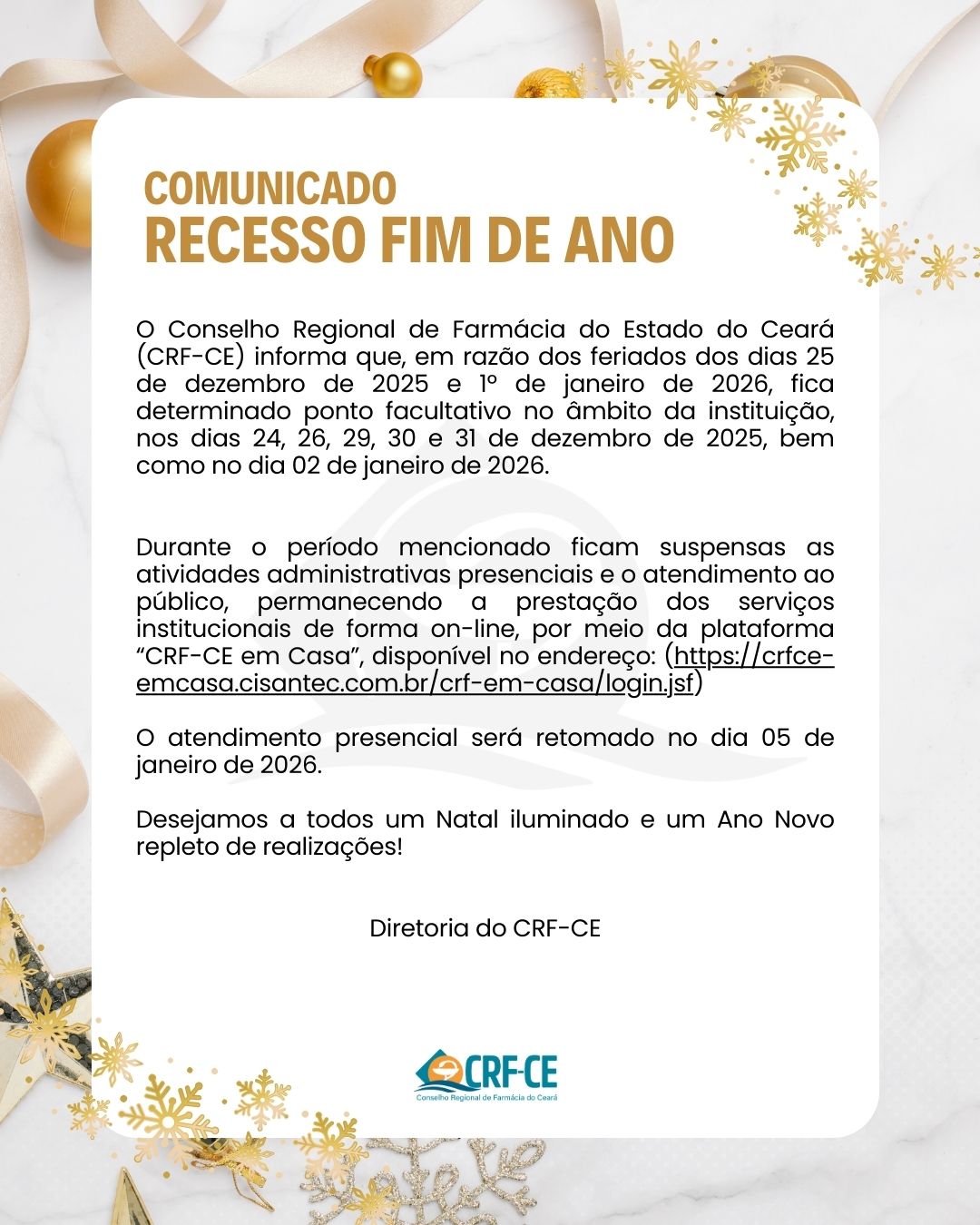 Atenção! Devido aos jogos do Brasil na Copa, o atendimento na Sede e Seccionais do CRF-CE será restrito