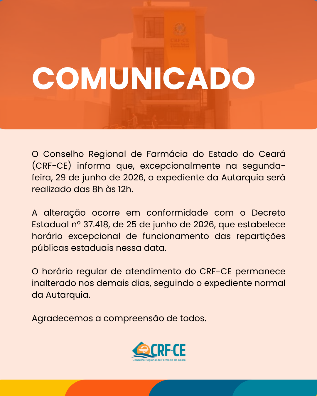 Atenção! Devido aos jogos do Brasil na Copa, o atendimento na Sede e Seccionais do CRF-CE será restrito